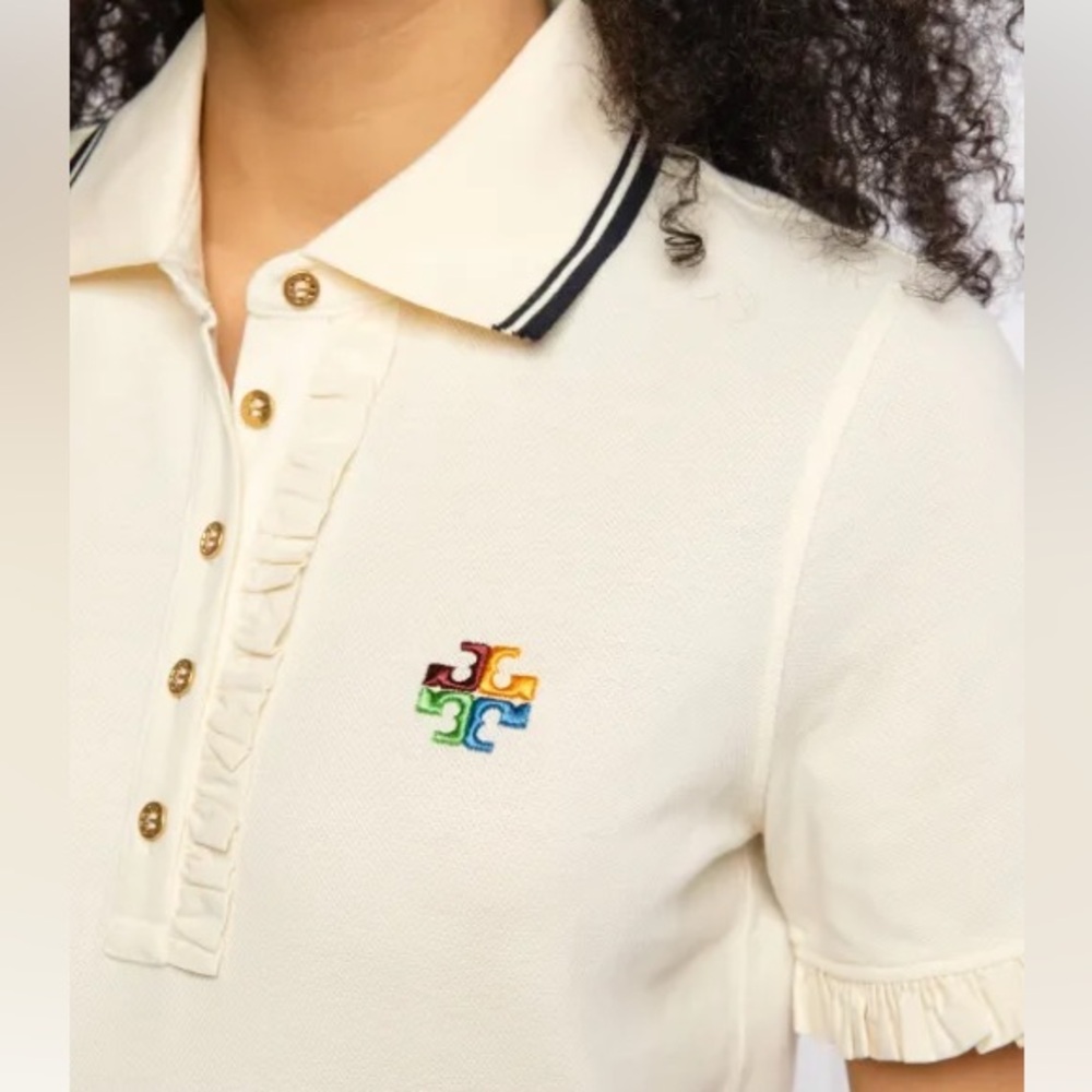 Tory Burch Cream Ruffle Polo Top Size Medium BNWT - Picture 2 of 3